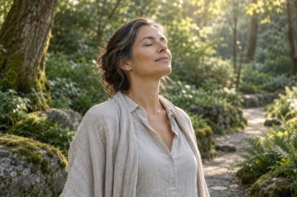 Illustrative woman taking a comfortable breath in a sunlit woodland garden.