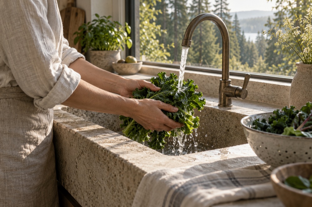 Illustrative image of fresh greens being rinsed in a sunlit kitchen.