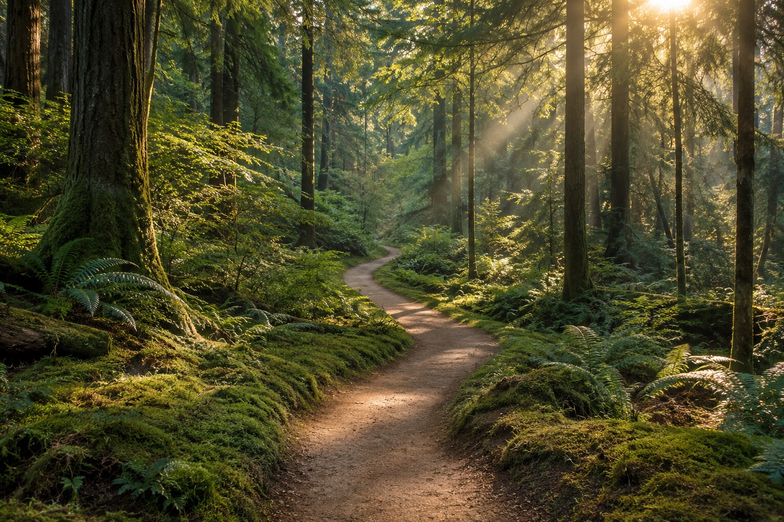 Illustrative winding woodland path through soft golden sunlight.