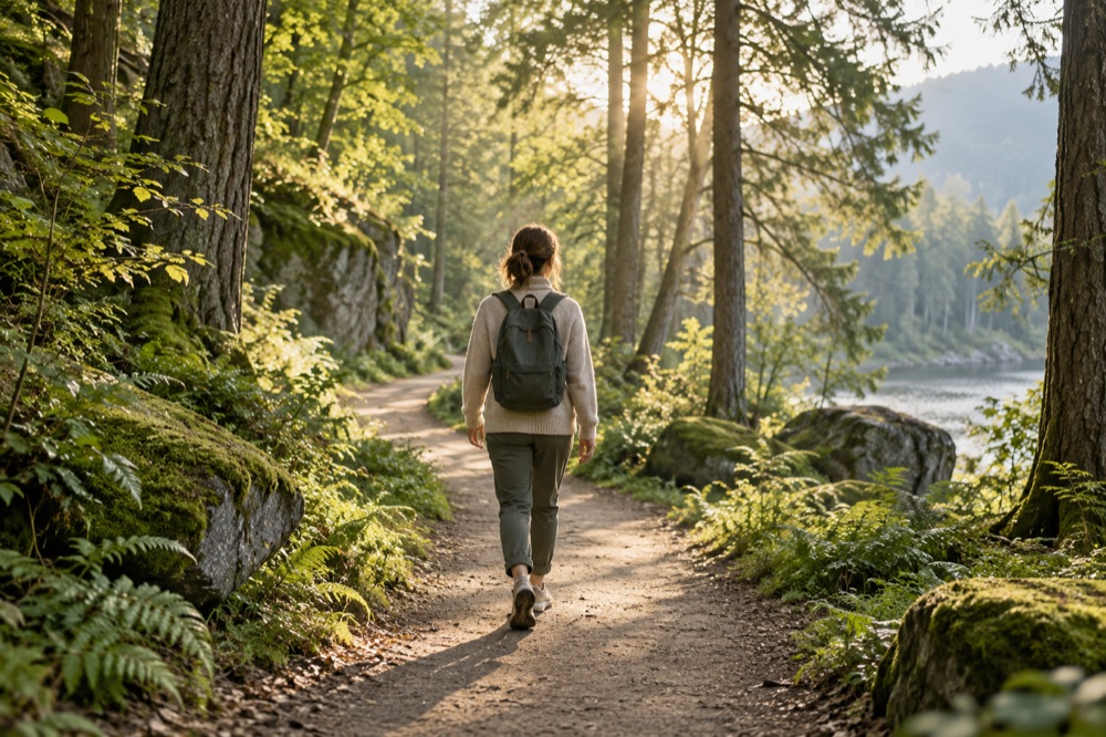 Illustrative person taking a gentle woodland walk.