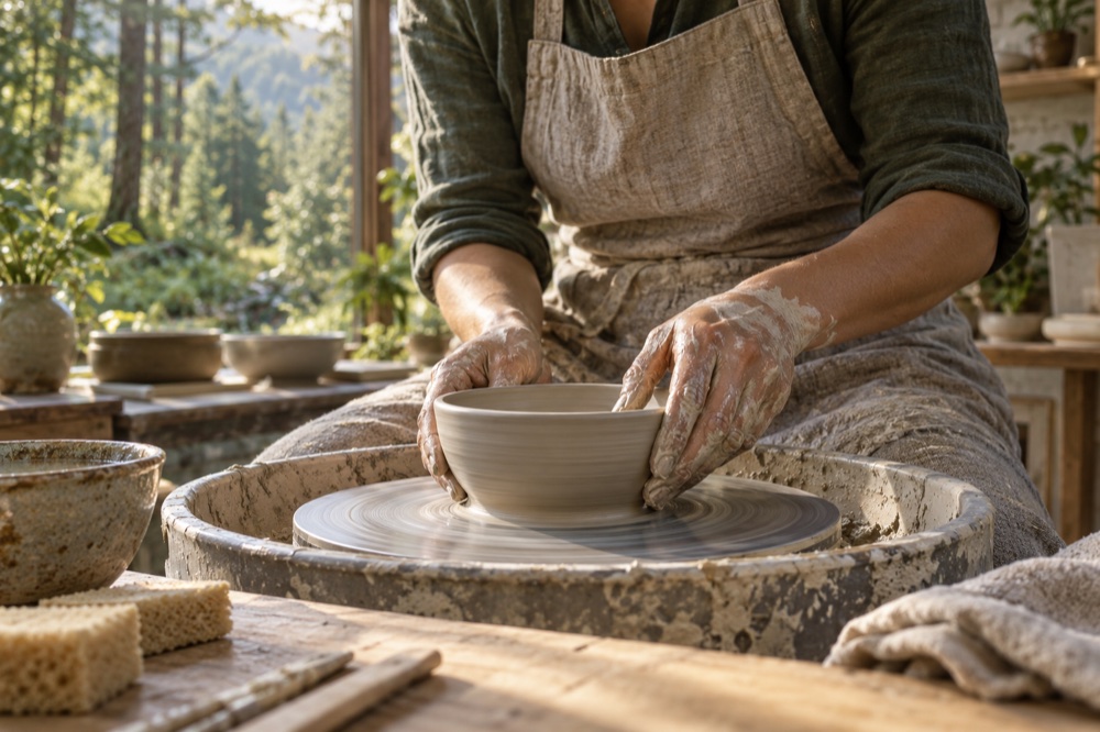 Illustrative hands shaping a ceramic bowl in a sunlit studio.
