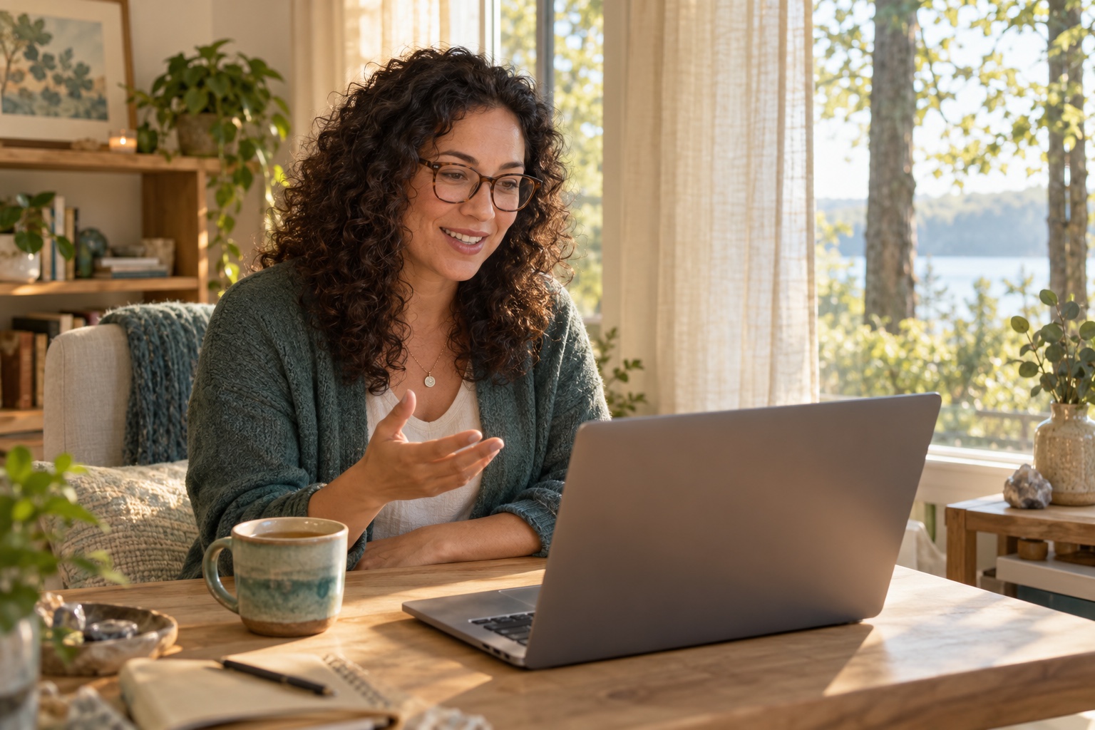 Illustrative woman talking on her laptop at a sunlit wooden desk.