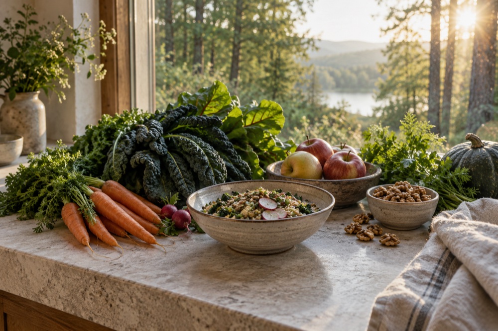 Fresh whole foods on a natural stone counter.